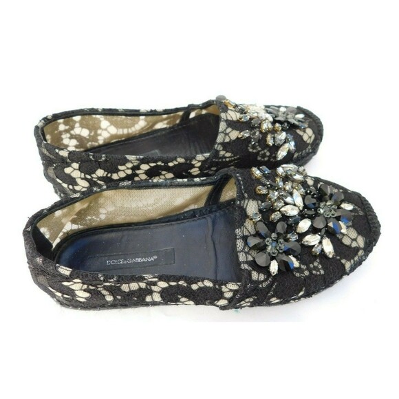 Espadrilles Dolce & Gabbana Black Embellished Crystal Lace Espadrille Flats SZ 6 - Picture 3 of 11
